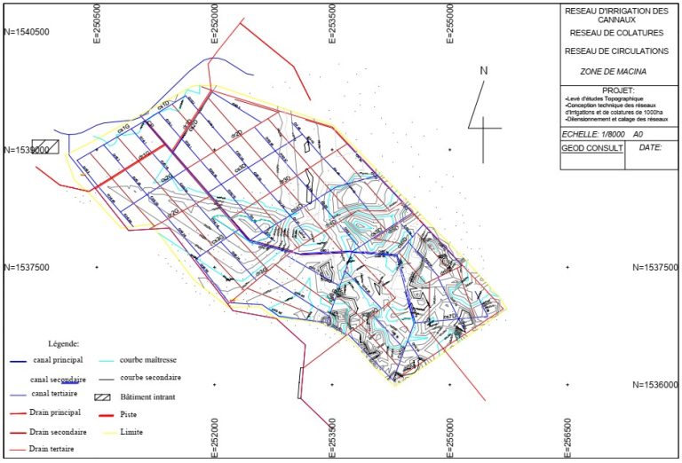 Plan au 1/8000e des réseaux d'irrigation, de colatures et de circulation de la zone de Macina, réalisé par GEOD CONSULT